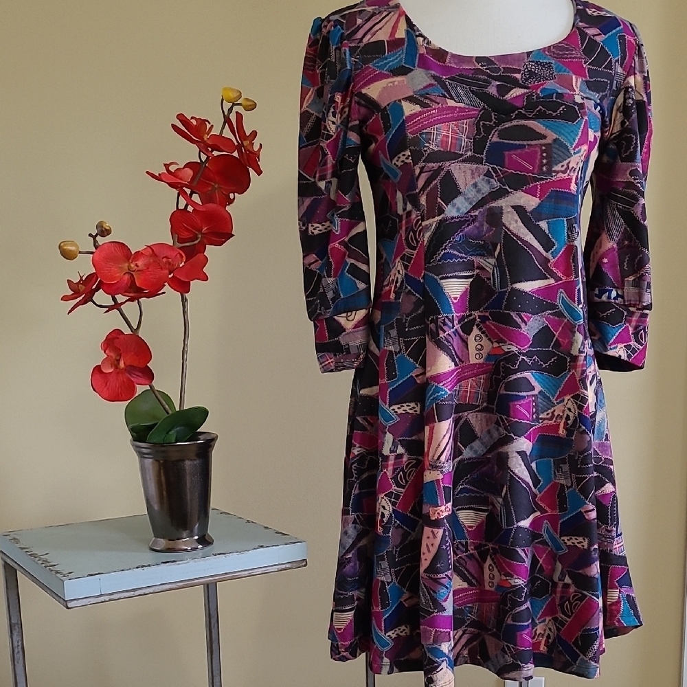 ZARA Dress Skater Skirt Pullover Fitted Bodice 3/4 Sleeve Abstract Color Print L